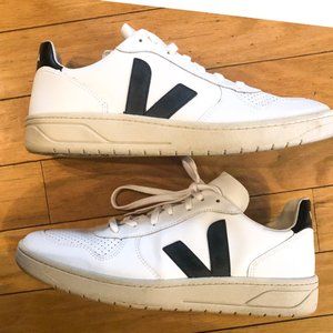 Veja V-10 Leather Sneakers, Extra White/Black, 46